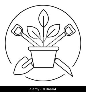 Potted plant shovel black vector icon features crossed tools. The botanical agriculture concept visualizes gardening apps. Stock Vector