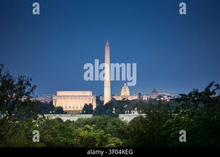 Illuminated Washington DC skyline landmarks at twilight Stock Photo