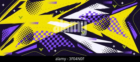 Dynamic Background in Memphis and Grunge Style with Dynamic Shapes, Halftone Patterns, and Textured Effects Stock Vector