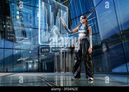 Young woman interacts with holographic AR interface Stock Photo