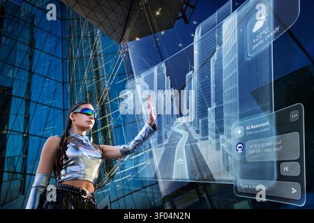 Woman interacts with augmented reality city map Stock Photo