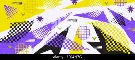 Colorful Abstract Background with Memphis Pattern and Geometric Shapes in Grunge Style, with Texture Effects Stock Vector