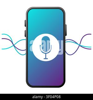 Voice recognition smartphone blue vector icon features sound waves. The digital assistant concept complements modern technology layouts. Stock Vector