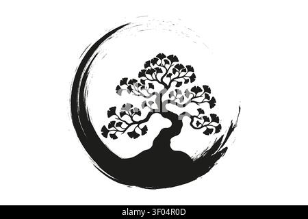 Enso Zen Circle and ginkgo tree bonsai, hand-drawn with black ink in traditional Japanese style sumi-e, Vector logo design in Paint Brush art style Stock Vector