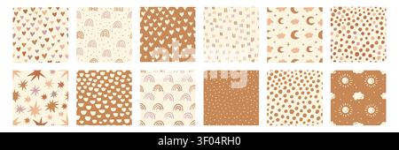 Boho baby seamless pattern set with abstract rainbows, hearts, stars, moons, suns, clouds, dots and dashes in neutral pink and beige colors. Cute nursery textile, wallpaper and fabric collection set. Stock Vector