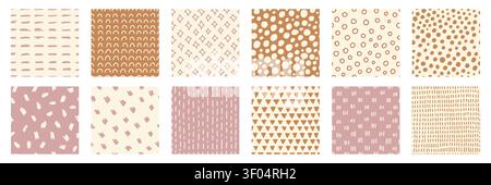 Bohemian baby seamless pattern set of abstract nursery backgrounds in warm neutral tones terracotta beige and soft pink with hand drawn strokes, circles, stars arcs and triangles for modern design Stock Vector