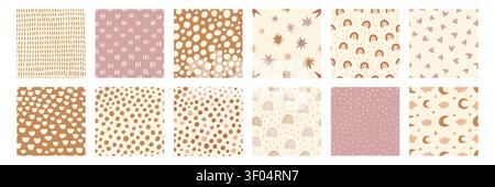 Boho baby seamless pattern set with abstract dots, dashes, rainbows, hearts, stars, moons and clouds in soft pink and beige tones. Cute nursery backgrounds for fabric, wallpaper, textile and decor. Stock Vector