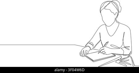 continuous line drawing of woman taking notes on notepad or writing in diary or journal, line art vector illustration Stock Vector