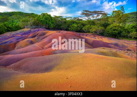 Seven Colored Earth dunes at Chamarel with rainforest, Mauritius Stock Photo