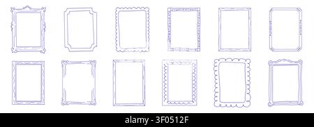 Whimsical blue doodle frames with crayon line scribbles and funky borders. Set line retro rectangular, perfect for invitations, scrapbooks, and creative frame designs. . Vector illustration Stock Vector
