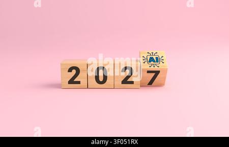 Wooden cubes displaying the year 2027, with an ai chip symbol implying future technology and progress Stock Photo