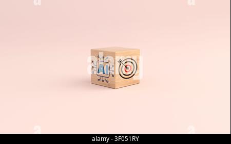Wooden cube symbolizing ai technology and a target with arrow, representing precise goal achievement and strategic direction Stock Photo