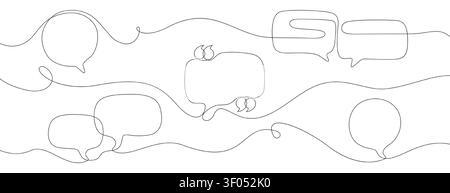 Continuous one line art quote frames. Hand drawing rectangle and circle text boxes with quotation marks. Vector doodle empty speech bubbles for testimonials, citation. Outline dialog icons with quotes Stock Vector