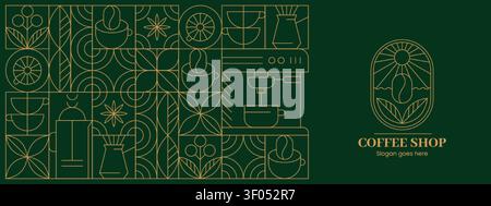Abstract geometric coffee shop logo design and slogan in minimalist style. Vector seamless pattern background with hand drawn line art beans, drink cups, plant leaves, outline elements for cafe menu Stock Vector