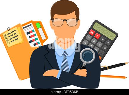 Auditing, Tax, Accounting Concept. Auditor Holds Magnifying Glass in Hand and Checks Financial Report with Charts, Calculator and folder. Flat Style I Stock Vector