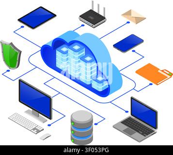 Cloud computing technology isometric concept with computer, laptop, mobile phone, tablet and shield icons. security cloud storage server. big data pro Stock Vector