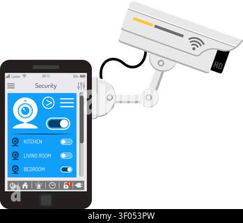 Smart House and internet of things concept. smartphone controls smart home like security camera flat icons. vector illustration Stock Vector