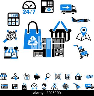 Online internet shopping concept with Two Color flat Icons Set for business marketing and advertising with shop, delivery, sale and goods. Isolated ve Stock Vector