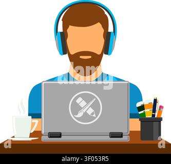 Bearded man freelancer designer in headphones working on laptop. Flat style icon. Isolated vector illustration Stock Vector