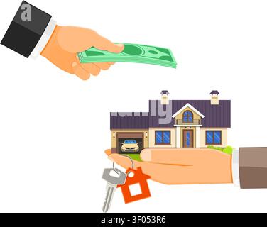 Buy, Sale, Purchase, Lease, Rent of real estate concept. Hand with money and hand with house and keys. Flat style icons. Isolated vector illustration Stock Vector
