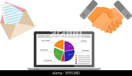 Business and Deal Flat Icons for e-commerce with Handshake, Laptop and Document Symbols. Vector isolated on white. Stock Vector