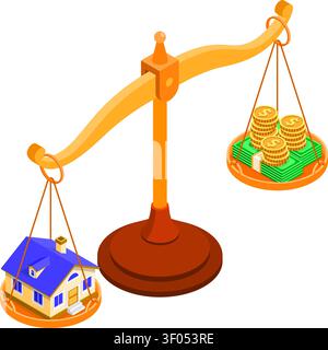 Sale purchase rent mortgage house isometric concept for landing advertising with home and money choice on scales invests money in real estate. isolate Stock Vector