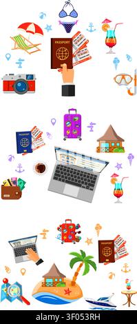 Vacation and Trip Horizontal Banners with Flat Icons Planning, Passport, Cocktail and Bungalow. vector illustration Stock Vector