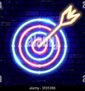 Neon signboard arrow target. concept goal, success. Bright night signboard on brick wall sign. Vector illustration realistic neon icon Stock Vector