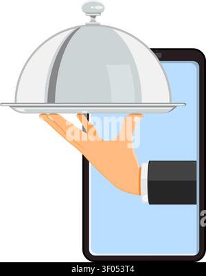 Online Order Concept. Hand holds tray with cover. Internet delivery via Phone. Flat style icons. Isolated vector illustration Stock Vector