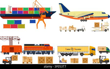 Trucking Industry Banners with Railway Freight, Air Cargo, Maritime Shipping and Trucking in Flat style icons. Vector for Brochure, Web Site and Print Stock Vector
