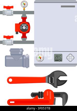 Plumbing Service Concept with installation boiler and Plumber Tools Flat Icons. Isolated vector illustration. Stock Vector