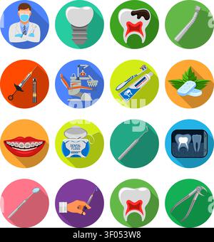 Set Dental Services and Stomatology icons in flat style on colored circles with Long Shadows like Doctor, dentist chair, braces, cartridge syringe and Stock Vector