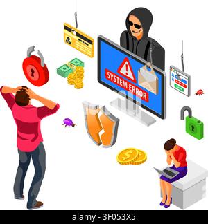 Hacker activity isometric concept. Hacking and phishing. Hacker steals password, credit card and email. Internet Security vector with flat isometric i Stock Vector