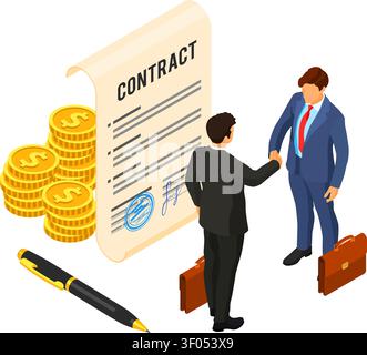Handshake business mans after negotiating successful deal. partnership collaboration corporate business. signed contract. B2B hero images. isometric i Stock Vector