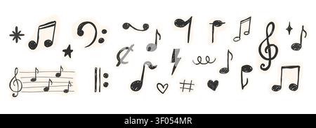 Set music note cutout stickers in retro collage style. Retro paper scrapbook elements. Scribble textured sketch symbols. For creative designs and scrapbook art collections. Vector illustration Stock Vector