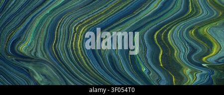 Abstract fluid art background with dark blue and green marble texture. Liquid navy acrylic painting backdrop. Stock Photo