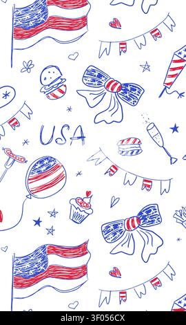4th of july vertical banner. American Independence Day in hand drawn doodle and scribble symbols. Festive background for greetings or invitations. Stock Vector