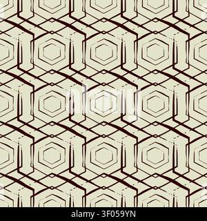 Neutral beige seamless geometric hand drawn vector pattern background with concentric organic hexagon shapes. Abstract netting grid backdrop Stock Vector