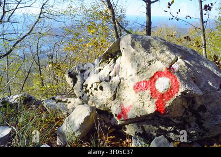 Trail blaze painted on limestone beside woodland path in mountains of Kotor Bay. Shows visitor orientation and sustainable outdoor tourism management. Stock Photo