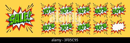 Comic sale starburst set with bold green lettering on white burst shapes, red accents and black lines on yellow background. Dynamic discount badges in Stock Vector