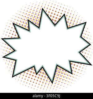 Comic starburst frame with jagged shape and blank center, with soft teal edge over yellow and purple halftone dots. Retro pop art vector sticker style Stock Vector