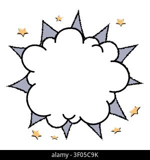 Starburst comic frame speech bubble with cloud shape over gray burst and small star accents. Outline speech bubble suitable for stickers, greeting Stock Vector