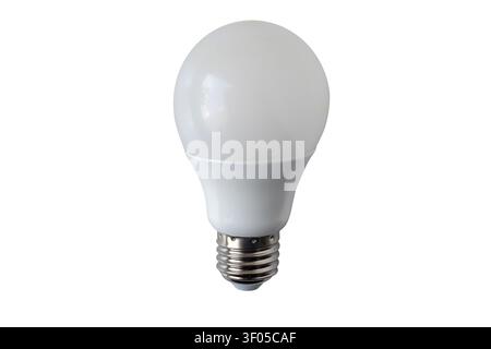 White frosted light bulb with silver screw base, isolated on white background. Classic electric lighting object for energy, electricity and illuminati Stock Photo