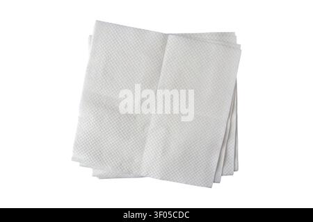 Stack of white paper napkins viewed from above, isolated on white background. Disposable tissue for dining, kitchen, hygiene and household concepts. Stock Photo