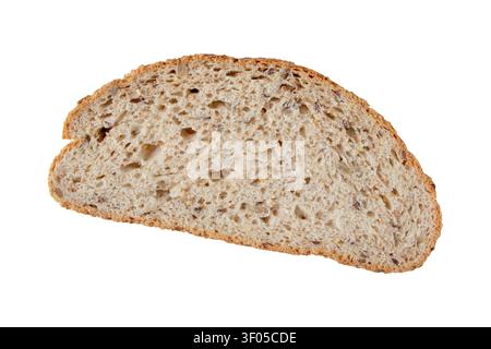 Top view of a multigrain bread slice with sesame, sunflower, oat, flax and millet seeds, isolated on white background. Healthy bakery product for nutr Stock Photo