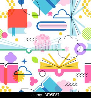 Book seamless pattern. Vector geometric illustration of open books, leaves and colorful shapes. Repeating background for library or bookstore design. Stock Vector