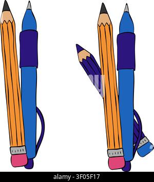 Classic Writing Tools Set School composition colored hand drawn illustration. Vector graphic line ink art. Back to School and Office Branding For post Stock Vector