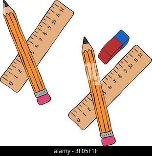 Pencil, ruller and eraser School composition colored hand drawn illustration. Vector graphic line ink art. Organizer office and school supplies. socia Stock Vector