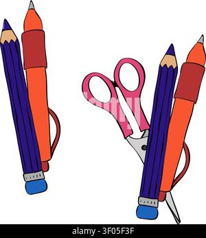 Classic Writing Tools Set School composition colored hand drawn illustration. Vector graphic line ink art. For logo, web, package, sticker. Design for Stock Vector