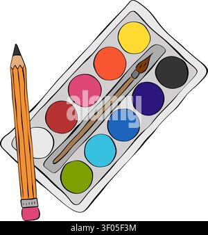 Set of drawing supplies: palette, brush, and pencil. Accessories for school and creativity. School composition colored hand drawn illustration. Vector Stock Vector